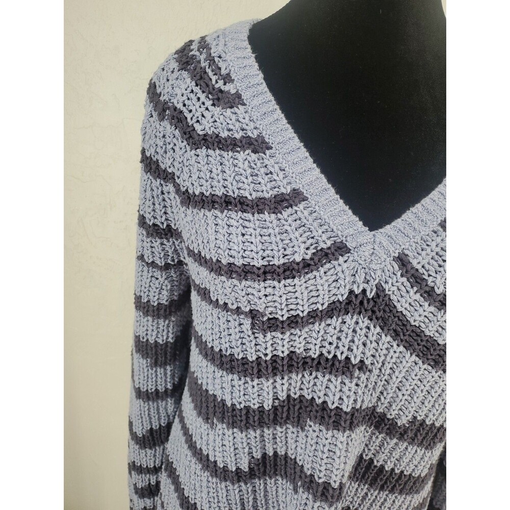 J. Jill Large | Chunky Knit Slate Blue Navy‎ Stripe Sweater 100% Cotton Cottage - Picture 3 of 8